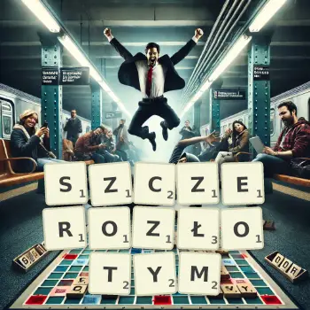 Kreatywna ilustracja do gry w Scrabble ze słowem SZCZEROZŁOTYM ułożonym z płytek na planszy.