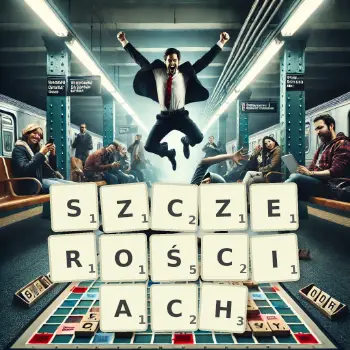 Kreatywna ilustracja do gry w Scrabble ze słowem SZCZEROŚCIACH ułożonym z płytek na planszy.