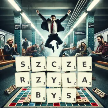 Kreatywna ilustracja do gry w Scrabble ze słowem SZCZERZYLABYS ułożonym z płytek na planszy.