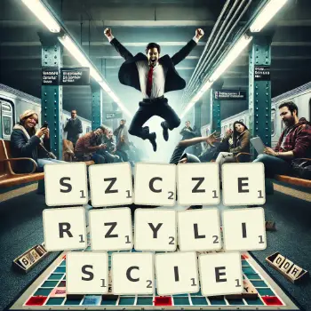 Kreatywna ilustracja do gry w Scrabble ze słowem SZCZERZYLISCIE ułożonym z płytek na planszy.