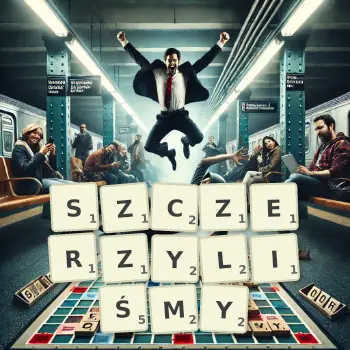 Kreatywna ilustracja do gry w Scrabble ze słowem SZCZERZYLIŚMY ułożonym z płytek na planszy.