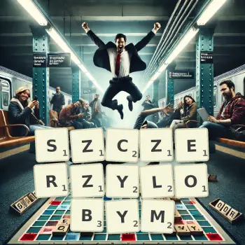 Kreatywna ilustracja do gry w Scrabble ze słowem SZCZERZYLOBYM ułożonym z płytek na planszy.