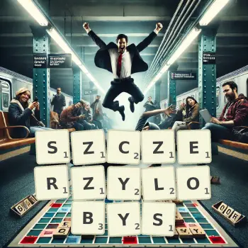 Kreatywna ilustracja do gry w Scrabble ze słowem SZCZERZYLOBYS ułożonym z płytek na planszy.