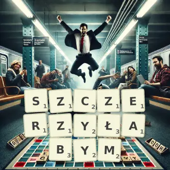 Kreatywna ilustracja do gry w Scrabble ze słowem SZCZERZYŁABYM ułożonym z płytek na planszy.