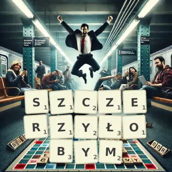 Kreatywna ilustracja do gry w Scrabble ze słowem SZCZERZYŁOBYM ułożonym z płytek na planszy.