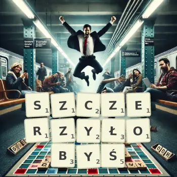 Kreatywna ilustracja do gry w Scrabble ze słowem SZCZERZYŁOBYŚ ułożonym z płytek na planszy.