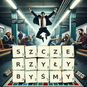 Kreatywna ilustracja do gry w Scrabble ze słowem SZCZERZYŁYBYŚMY ułożonym z płytek na planszy.