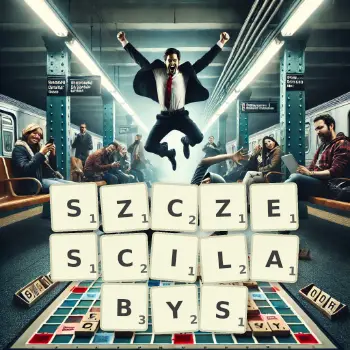 Kreatywna ilustracja do gry w Scrabble ze słowem SZCZESCILABYS ułożonym z płytek na planszy.