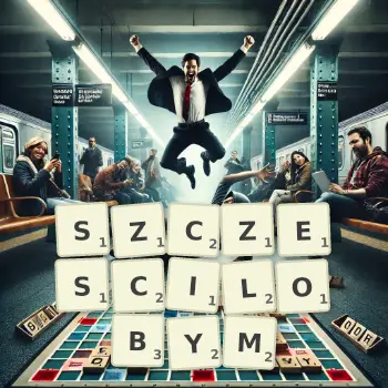 Kreatywna ilustracja do gry w Scrabble ze słowem SZCZESCILOBYM ułożonym z płytek na planszy.