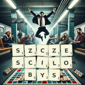 Kreatywna ilustracja do gry w Scrabble ze słowem SZCZESCILOBYS ułożonym z płytek na planszy.