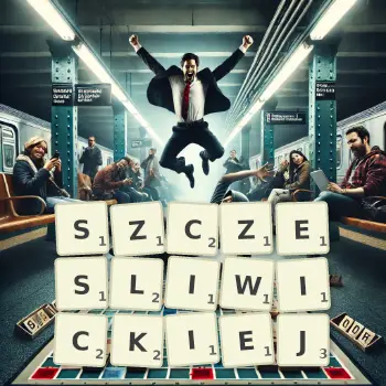 Kreatywna ilustracja do gry w Scrabble ze słowem SZCZESLIWICKIEJ ułożonym z płytek na planszy.