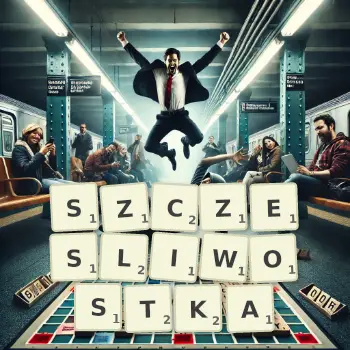 Kreatywna ilustracja do gry w Scrabble ze słowem SZCZESLIWOSTKA ułożonym z płytek na planszy.