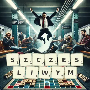Kreatywna ilustracja do gry w Scrabble ze słowem SZCZESLIWYM ułożonym z płytek na planszy.