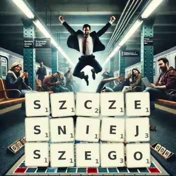 Kreatywna ilustracja do gry w Scrabble ze słowem SZCZESNIEJSZEGO ułożonym z płytek na planszy.