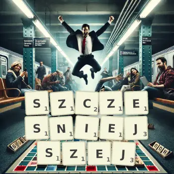 Kreatywna ilustracja do gry w Scrabble ze słowem SZCZESNIEJSZEJ ułożonym z płytek na planszy.