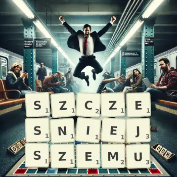 Kreatywna ilustracja do gry w Scrabble ze słowem SZCZESNIEJSZEMU ułożonym z płytek na planszy.