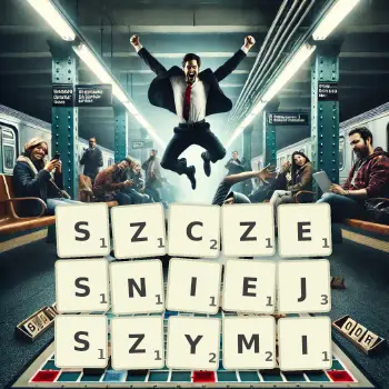 Kreatywna ilustracja do gry w Scrabble ze słowem SZCZESNIEJSZYMI ułożonym z płytek na planszy.