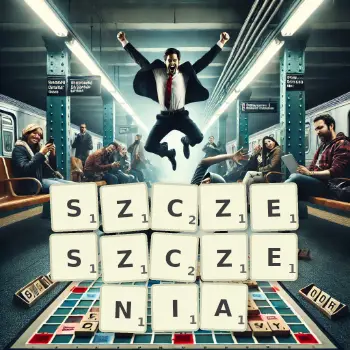 Kreatywna ilustracja do gry w Scrabble ze słowem SZCZESZCZENIA ułożonym z płytek na planszy.