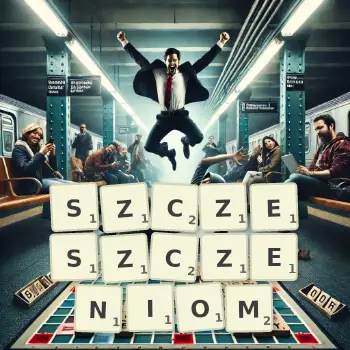 Kreatywna ilustracja do gry w Scrabble ze słowem SZCZESZCZENIOM ułożonym z płytek na planszy.