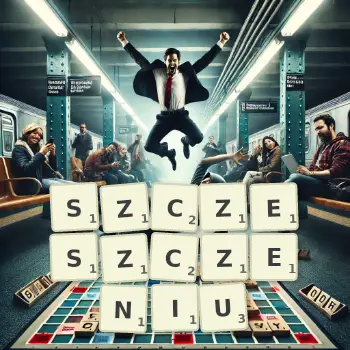 Kreatywna ilustracja do gry w Scrabble ze słowem SZCZESZCZENIU ułożonym z płytek na planszy.