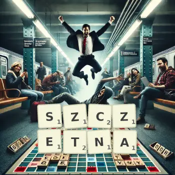 Kreatywna ilustracja do gry w Scrabble ze słowem SZCZETNA ułożonym z płytek na planszy.