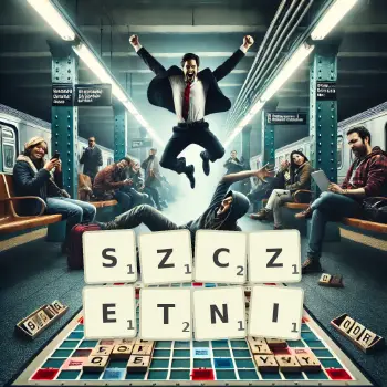 Kreatywna ilustracja do gry w Scrabble ze słowem SZCZETNI ułożonym z płytek na planszy.