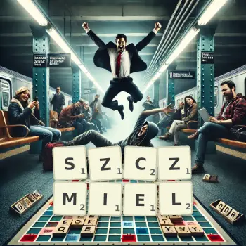 Kreatywna ilustracja do gry w Scrabble ze słowem SZCZMIEL ułożonym z płytek na planszy.