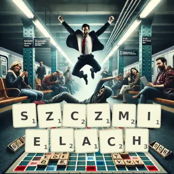 Kreatywna ilustracja do gry w Scrabble ze słowem SZCZMIELACH ułożonym z płytek na planszy.