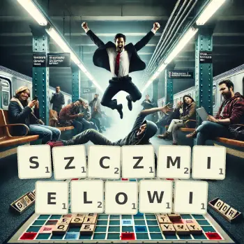 Kreatywna ilustracja do gry w Scrabble ze słowem SZCZMIELOWI ułożonym z płytek na planszy.