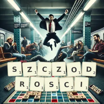 Kreatywna ilustracja do gry w Scrabble ze słowem SZCZODROSCI ułożonym z płytek na planszy.