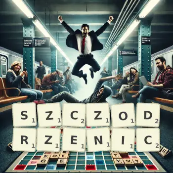 Kreatywna ilustracja do gry w Scrabble ze słowem SZCZODRZENIC ułożonym z płytek na planszy.
