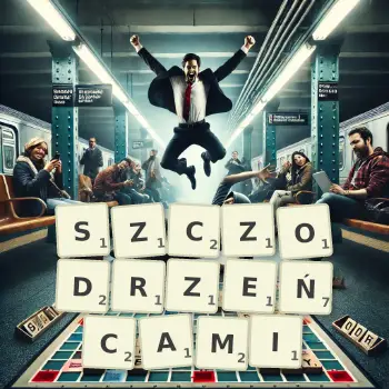 Kreatywna ilustracja do gry w Scrabble ze słowem SZCZODRZEŃCAMI ułożonym z płytek na planszy.