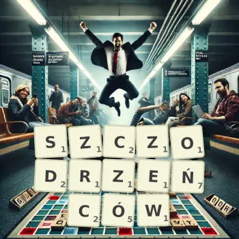 Kreatywna ilustracja do gry w Scrabble ze słowem SZCZODRZEŃCÓW ułożonym z płytek na planszy.