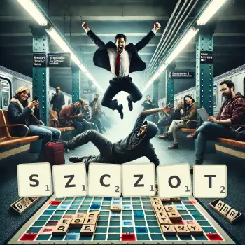 Kreatywna ilustracja do gry w Scrabble ze słowem SZCZOT ułożonym z płytek na planszy.