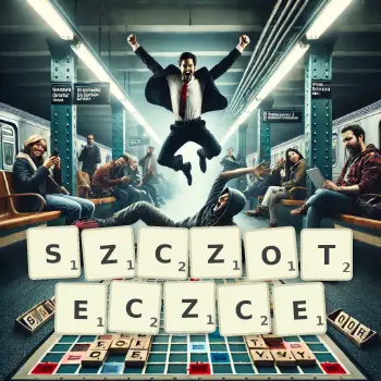 Kreatywna ilustracja do gry w Scrabble ze słowem SZCZOTECZCE ułożonym z płytek na planszy.