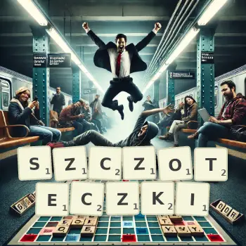 Kreatywna ilustracja do gry w Scrabble ze słowem SZCZOTECZKI ułożonym z płytek na planszy.