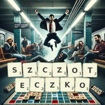 Kreatywna ilustracja do gry w Scrabble ze słowem SZCZOTECZKO ułożonym z płytek na planszy.