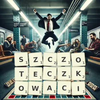 Kreatywna ilustracja do gry w Scrabble ze słowem SZCZOTECZKOWACI ułożonym z płytek na planszy.