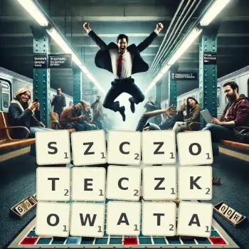 Kreatywna ilustracja do gry w Scrabble ze słowem SZCZOTECZKOWATA ułożonym z płytek na planszy.