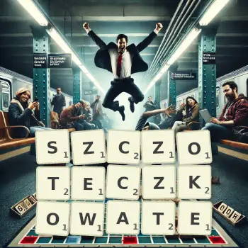 Kreatywna ilustracja do gry w Scrabble ze słowem SZCZOTECZKOWATE ułożonym z płytek na planszy.
