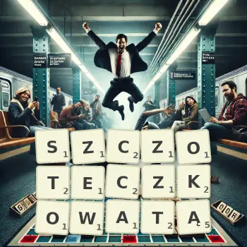 Kreatywna ilustracja do gry w Scrabble ze słowem SZCZOTECZKOWATĄ ułożonym z płytek na planszy.