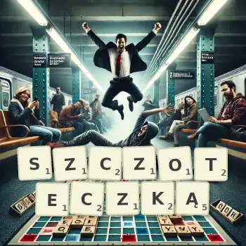 Kreatywna ilustracja do gry w Scrabble ze słowem SZCZOTECZKĄ ułożonym z płytek na planszy.