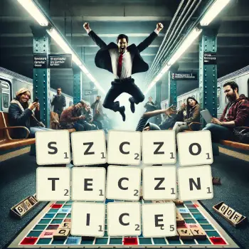 Kreatywna ilustracja do gry w Scrabble ze słowem SZCZOTECZNICĘ ułożonym z płytek na planszy.