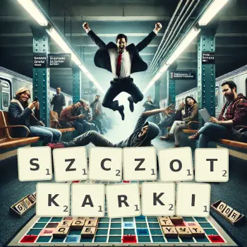 Kreatywna ilustracja do gry w Scrabble ze słowem SZCZOTKARKI ułożonym z płytek na planszy.