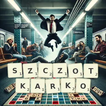 Kreatywna ilustracja do gry w Scrabble ze słowem SZCZOTKARKO ułożonym z płytek na planszy.
