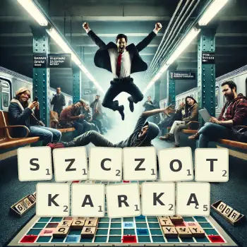 Kreatywna ilustracja do gry w Scrabble ze słowem SZCZOTKARKĄ ułożonym z płytek na planszy.