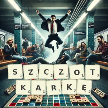 Kreatywna ilustracja do gry w Scrabble ze słowem SZCZOTKARKĘ ułożonym z płytek na planszy.