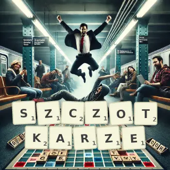 Kreatywna ilustracja do gry w Scrabble ze słowem SZCZOTKARZE ułożonym z płytek na planszy.