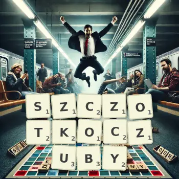 Kreatywna ilustracja do gry w Scrabble ze słowem SZCZOTKOCZUBY ułożonym z płytek na planszy.