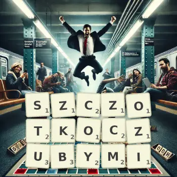 Kreatywna ilustracja do gry w Scrabble ze słowem SZCZOTKOCZUBYMI ułożonym z płytek na planszy.
